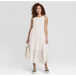 A New Day Cream White Tiered Midi Dress XS cottage core summer beach romantic